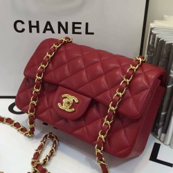 Fake Chanel Red Quilted Lambskin Leather Golden Tone Shoulder Strap Double Flap Women's Vintage Small Classic Crossbody Bag