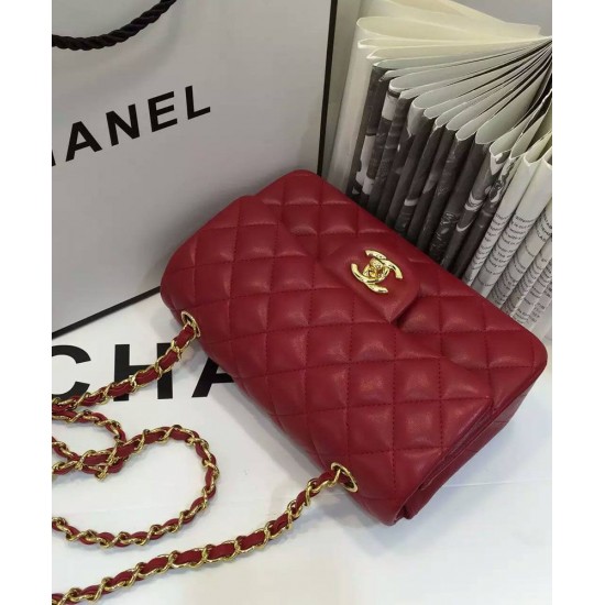 Fake Chanel Red Quilted Lambskin Leather Golden Tone Shoulder Strap Double Flap Women's Vintage Small Classic Crossbody Bag