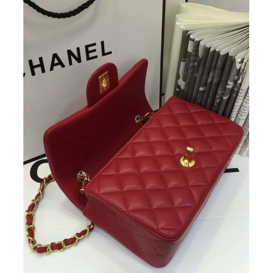 Fake Chanel Red Quilted Lambskin Leather Golden Tone Shoulder Strap Double Flap Women's Vintage Small Classic Crossbody Bag