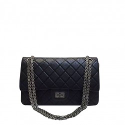 Best Women's Classic 2.55 Black Ruffled Cowhide Leather Antique Silver Hardware - Replica Chanel Double Chain Flap Bag