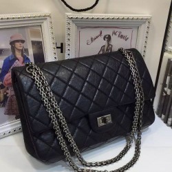 Best Women's Classic 2.55 Black Ruffled Cowhide Leather Antique Silver Hardware - Replica Chanel Double Chain Flap Bag