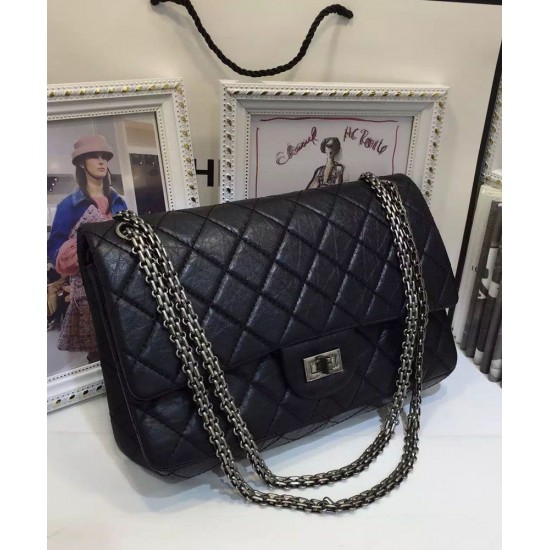 Best Women's Classic 2.55 Black Ruffled Cowhide Leather Antique Silver Hardware - Replica Chanel Double Chain Flap Bag