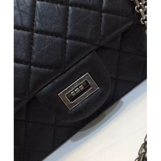 Best Women's Classic 2.55 Black Ruffled Cowhide Leather Antique Silver Hardware - Replica Chanel Double Chain Flap Bag