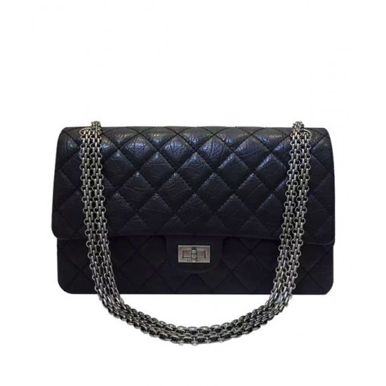 Chic Large Classic 2.55 Black Ruffled Leather Silver Chain Shoulder Strap Rectangle Turn Lock - Copy Chanel 30CM Flap Crossbody Bag