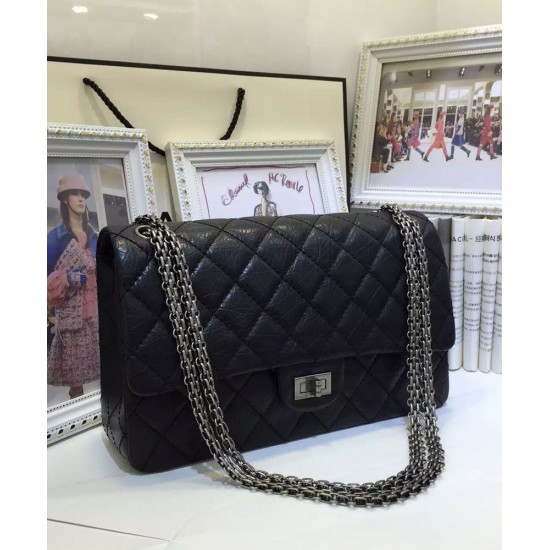 Chic Large Classic 2.55 Black Ruffled Leather Silver Chain Shoulder Strap Rectangle Turn Lock - Copy Chanel 30CM Flap Crossbody Bag