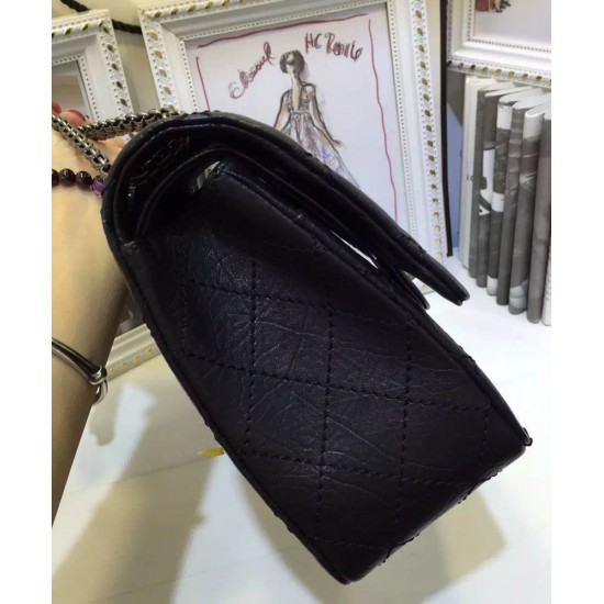 Chic Large Classic 2.55 Black Ruffled Leather Silver Chain Shoulder Strap Rectangle Turn Lock - Copy Chanel 30CM Flap Crossbody Bag