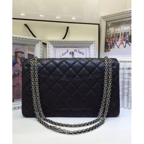 Chic Large Classic 2.55 Black Ruffled Leather Silver Chain Shoulder Strap Rectangle Turn Lock - Copy Chanel 30CM Flap Crossbody Bag