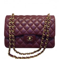 Faux Chanel Large Dark Red Quilted Leather Classic Jumbo Flap Bag Ladies Yellow Gold CC Lock Double Flap Chain Bag