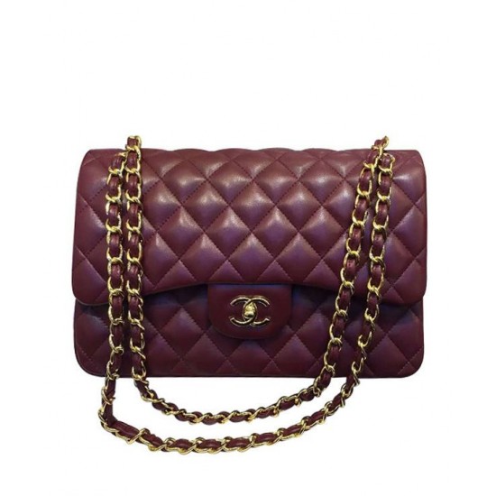 Faux Chanel Large Dark Red Quilted Leather Classic Jumbo Flap Bag Ladies Yellow Gold CC Lock Double Flap Chain Bag