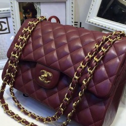 Faux Chanel Large Dark Red Quilted Leather Classic Jumbo Flap Bag Ladies Yellow Gold CC Lock Double Flap Chain Bag