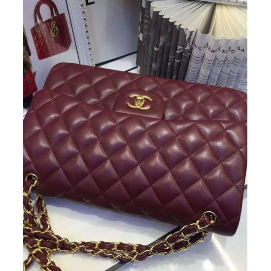 Faux Chanel Large Dark Red Quilted Leather Classic Jumbo Flap Bag Ladies Yellow Gold CC Lock Double Flap Chain Bag