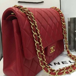 Imitation Chanel Female Classic Jumbo Yellow Gold Plated Shoulder Strap CC Logo Turn Lock Double Flap Crossbody Bag 30CM