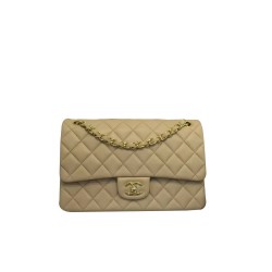 High End Beige Quilted Lambskin Leather Golden Double Chain Straps Women's Classic Jumbo- Replica Chanel Flap Bag