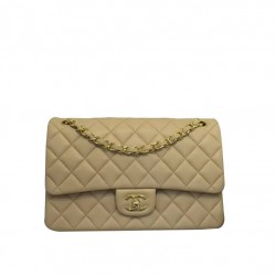 High End Beige Quilted Lambskin Leather Golden Double Chain Straps Women's Classic Jumbo- Replica Chanel Flap Bag