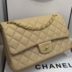 High End Beige Quilted Lambskin Leather Golden Double Chain Straps Women's Classic Jumbo- Replica Chanel Flap Bag