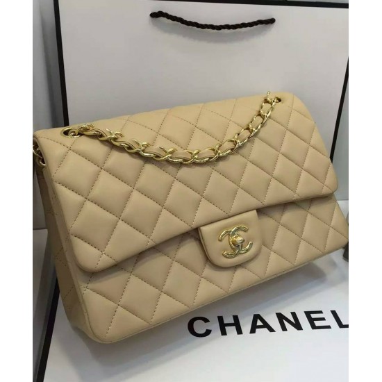 High End Beige Quilted Lambskin Leather Golden Double Chain Straps Women's Classic Jumbo- Replica Chanel Flap Bag