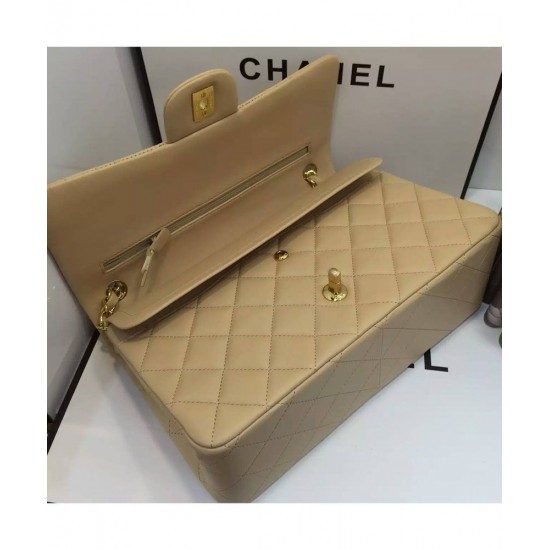 High End Beige Quilted Lambskin Leather Golden Double Chain Straps Women's Classic Jumbo- Replica Chanel Flap Bag