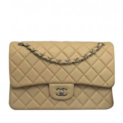 Hot Selling Women's Classic Jumbo Double Flaps Beige Quilted Leather Silver Chain - Faux Chanel CC Logo Crossbody Bag Large