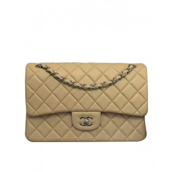 Hot Selling Women's Classic Jumbo Double Flaps Beige Quilted Leather Silver Chain - Faux Chanel CC Logo Crossbody Bag Large