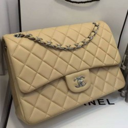 Hot Selling Women's Classic Jumbo Double Flaps Beige Quilted Leather Silver Chain - Faux Chanel CC Logo Crossbody Bag Large