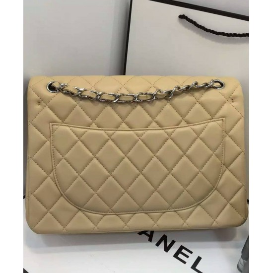 Hot Selling Women's Classic Jumbo Double Flaps Beige Quilted Leather Silver Chain - Faux Chanel CC Logo Crossbody Bag Large