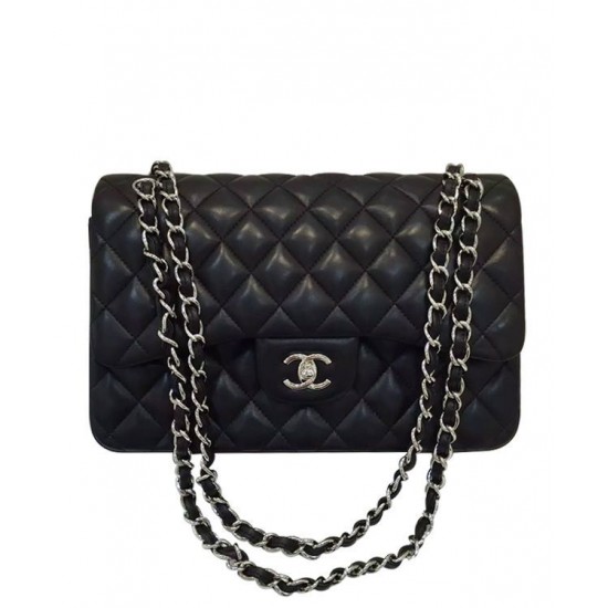 Spring Large Black Quilted Leather Double Chain Shoulder Straps - Women's Imitated Chanel Classic Jumbo Handbag Online