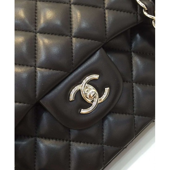 Spring Large Black Quilted Leather Double Chain Shoulder Straps - Women's Imitated Chanel Classic Jumbo Handbag Online