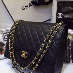 Classic Black Caviar Leather Diamond Pattern Yellow Gold Chain Shoulder Strap - Women's Chanel 33CM CC Logo Turn Lock Flap Bag