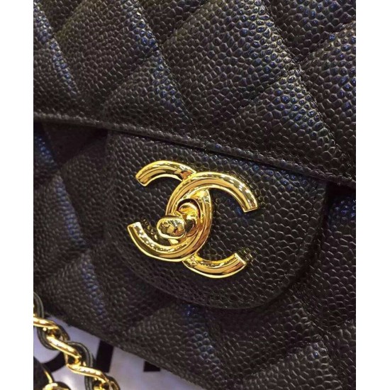 Classic Black Caviar Leather Diamond Pattern Yellow Gold Chain Shoulder Strap - Women's Chanel 33CM CC Logo Turn Lock Flap Bag