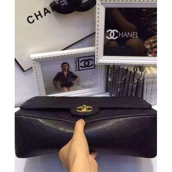 Classic Black Caviar Leather Diamond Pattern Yellow Gold Chain Shoulder Strap - Women's Chanel 33CM CC Logo Turn Lock Flap Bag