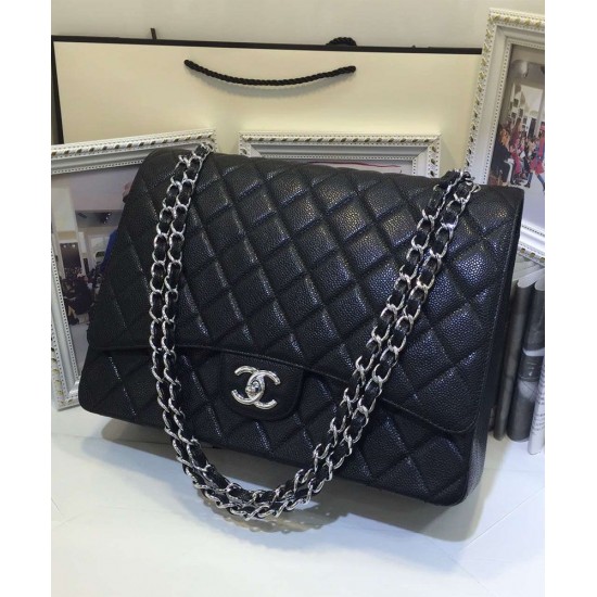 High Quality Silver CC Logo Turn Lock Duble Flaps Desing Black Caviar Leather - Fake Chanel Female Classic Chain Bag