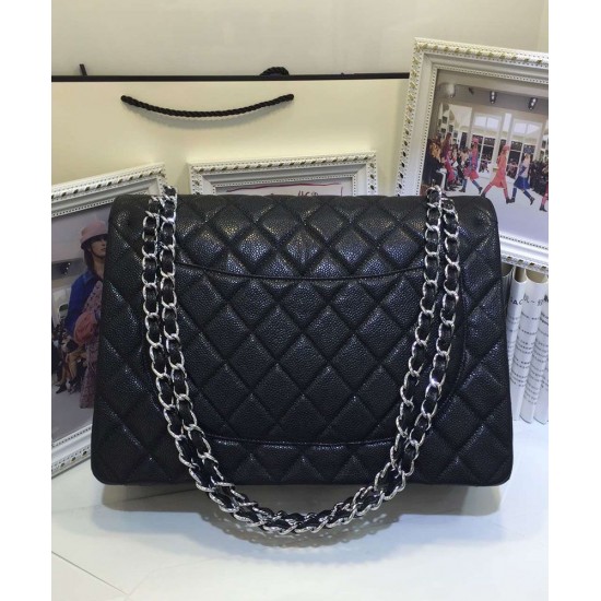 High Quality Silver CC Logo Turn Lock Duble Flaps Desing Black Caviar Leather - Fake Chanel Female Classic Chain Bag