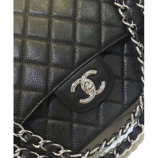 High Quality Silver CC Logo Turn Lock Duble Flaps Desing Black Caviar Leather - Fake Chanel Female Classic Chain Bag