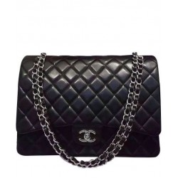 Popular Black Lambskin Leather Silver Chain Strap CC Logo Twist Lock - Replica Chanel Women's Classic Jumbo Double Flap Bag