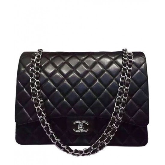 Popular Black Lambskin Leather Silver Chain Strap CC Logo Twist Lock - Replica Chanel Women's Classic Jumbo Double Flap Bag