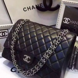 Popular Black Lambskin Leather Silver Chain Strap CC Logo Twist Lock - Replica Chanel Women's Classic Jumbo Double Flap Bag