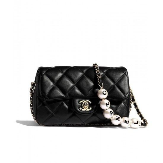 Replica Chanel Black Quilted Lambskin Leather White Pearl Beads Decoration CC Logo Lock Women's Small Flap Bag