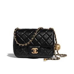 Fake Chanel Diamond-style Quilted Pattern Golden Bead Chain Shoulder Strap Female Black Leather Crossbody Bag