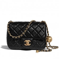 Fake Chanel Diamond-style Quilted Pattern Golden Bead Chain Shoulder Strap Female Black Leather Crossbody Bag