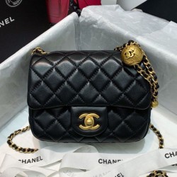 Fake Chanel Diamond-style Quilted Pattern Golden Bead Chain Shoulder Strap Female Black Leather Crossbody Bag