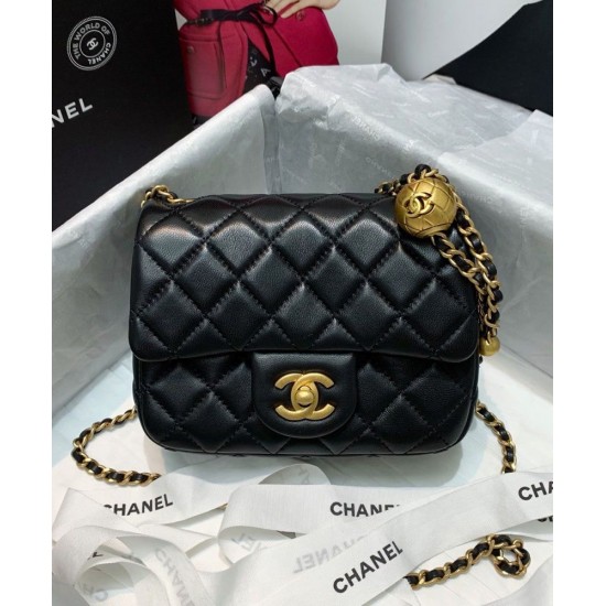 Fake Chanel Diamond-style Quilted Pattern Golden Bead Chain Shoulder Strap Female Black Leather Crossbody Bag