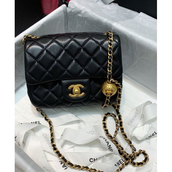 Fake Chanel Diamond-style Quilted Pattern Golden Bead Chain Shoulder Strap Female Black Leather Crossbody Bag