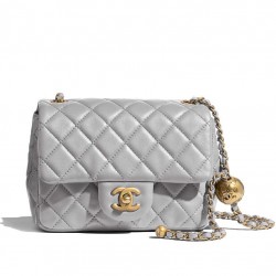 Faux Chanel Golden Beads Decoration Chain Strap Grey Quilted Leather Medium Flap Bag For Ladies Online