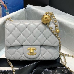 Faux Chanel Golden Beads Decoration Chain Strap Grey Quilted Leather Medium Flap Bag For Ladies Online