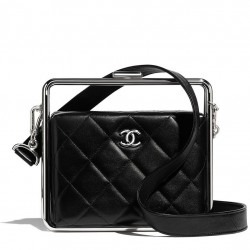 2022 New Chanel Silver Frame Kiss-lock Black Quilted Leather Crossbody Bag Women's Square Clutch Bag