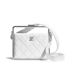 Imitation Chanel White Quilted Leather Silver Frame Fashion Kiss Lock CC Logo Signature Square Clutch Bag For Ladies