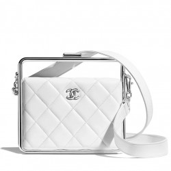 Imitation Chanel White Quilted Leather Silver Frame Fashion Kiss Lock CC Logo Signature Square Clutch Bag For Ladies