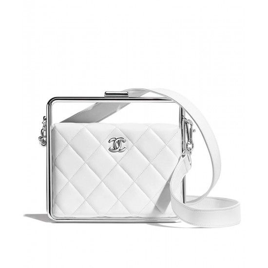 Imitation Chanel White Quilted Leather Silver Frame Fashion Kiss Lock CC Logo Signature Square Clutch Bag For Ladies