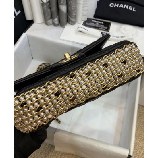 Sweet Style White Pearl Decoration Golden Chain Trimming CC Turn Lock - Fake Chanel Black Quilted Leather Crossbody Bag