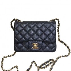 Fake Chanel Mini Classic Boy Black Caviar Leather Flap Bag Golden CC Logo Turn Lock Mini Chain Bag For Ladies